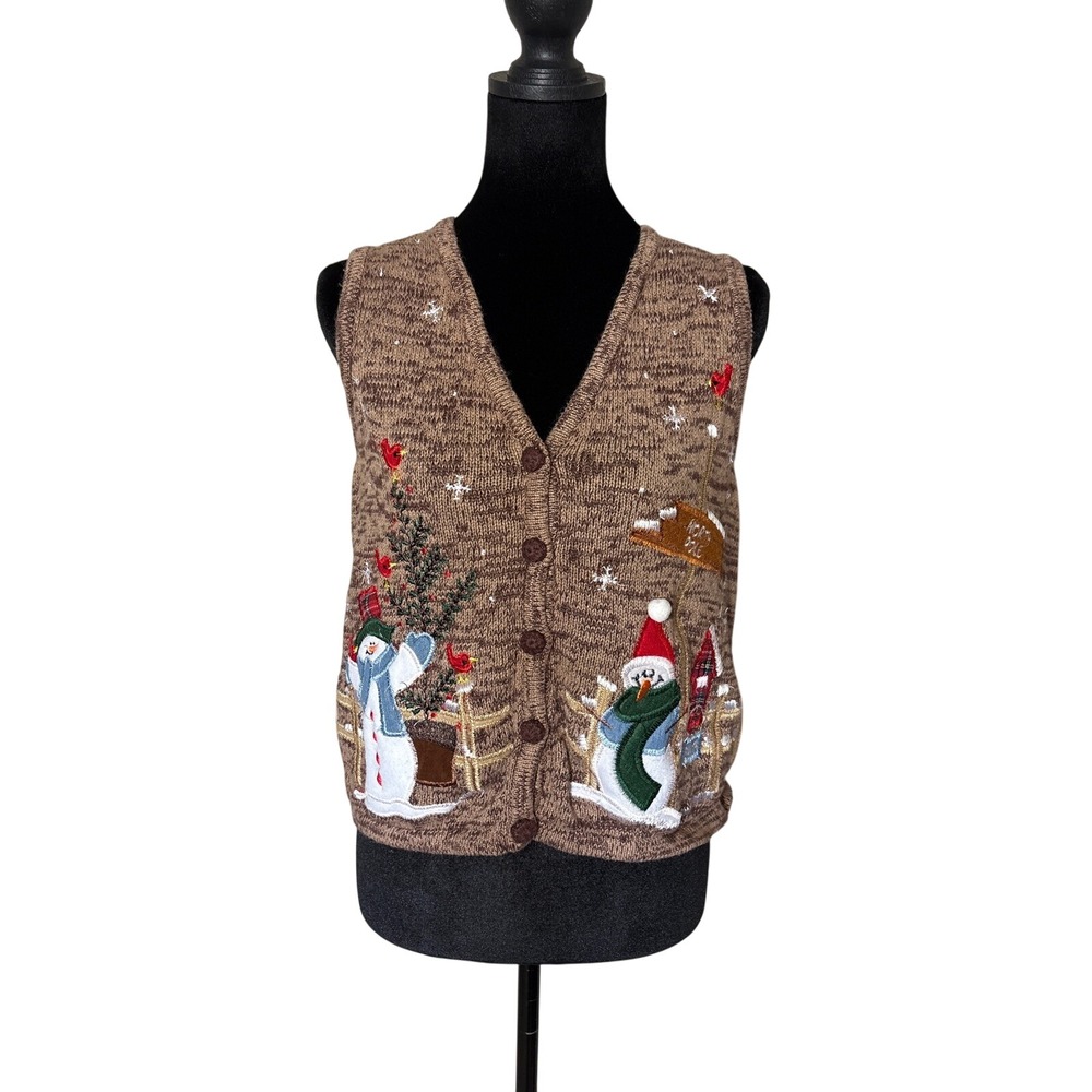 Kikit Studio Brown Marled Christmas Sweater Vest Hand Embroidered Women Large